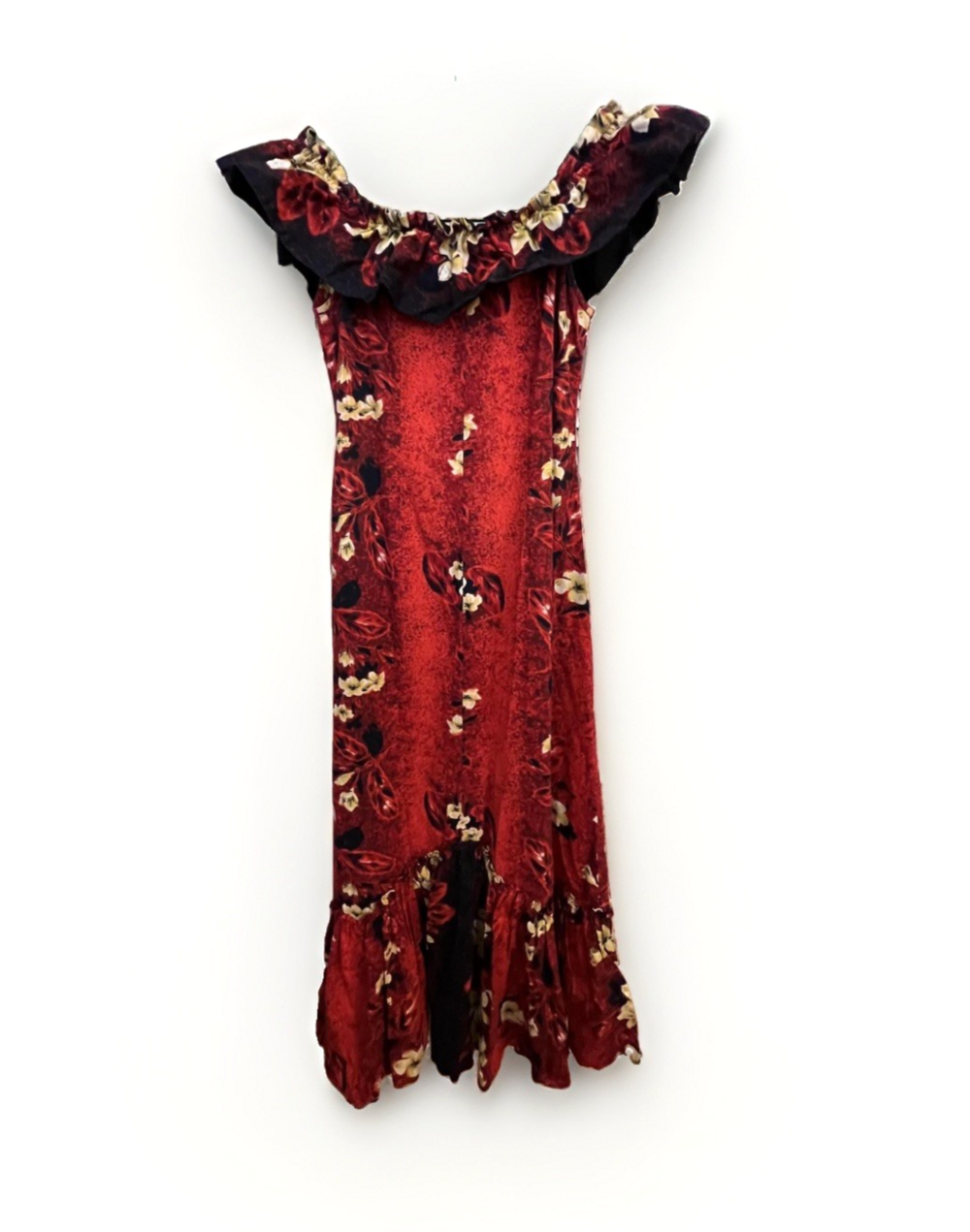 Vintage Kamehameha Hawaiian Maxi Dress XS/S 1950s Red Aloha Ruffle Off Shoulder